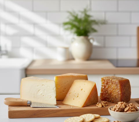 Verschillende stukken jonge en oude Goudse kaas op een houten plank met crackers en walnoten.