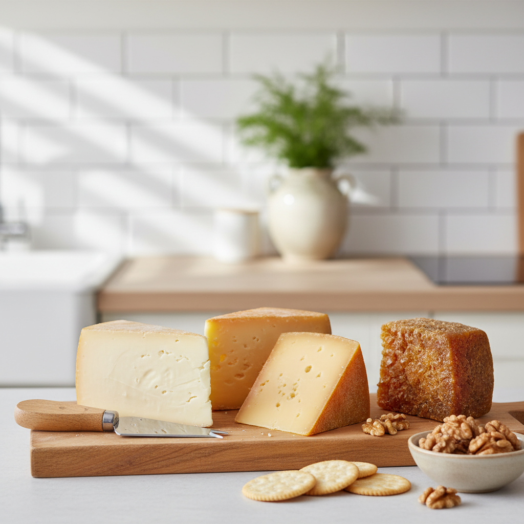 Verschillende stukken jonge en oude Goudse kaas op een houten plank met crackers en walnoten.
