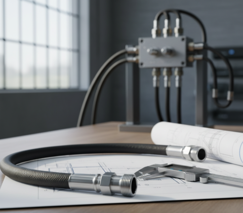 Hydrauliekslang met rechte en haakse koppelingen op een werkbank met meetgereedschap.