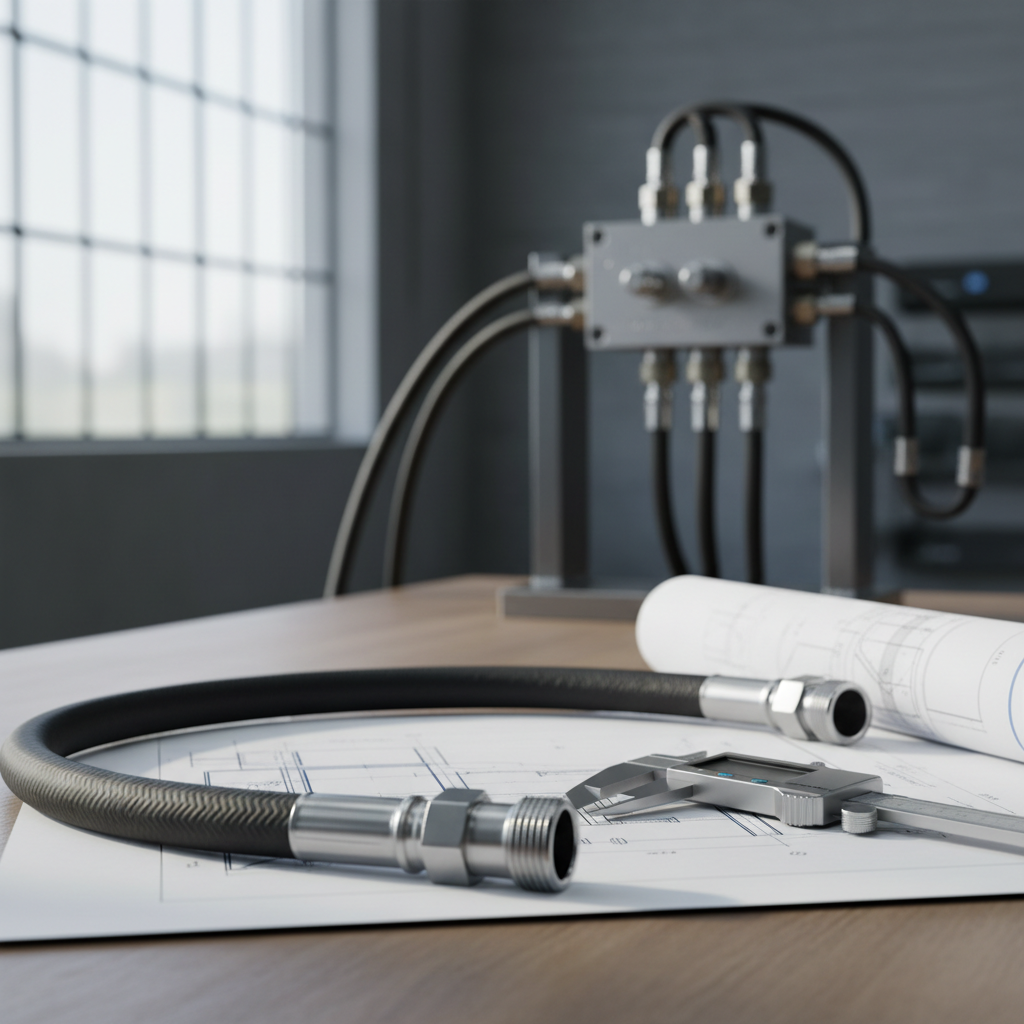 Hydrauliekslang met rechte en haakse koppelingen op een werkbank met meetgereedschap.