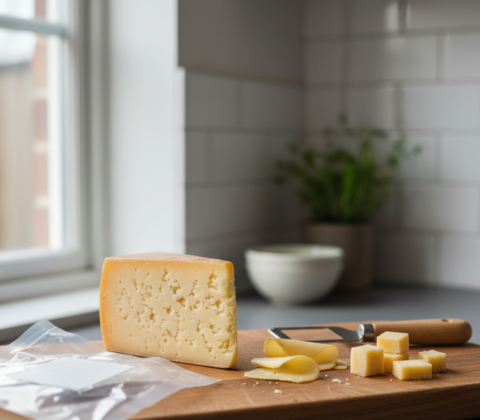 Een stuk belegen kaas met geschaafde plakken, kaasblokjes en een kaasschaaf op een houten snijplank.