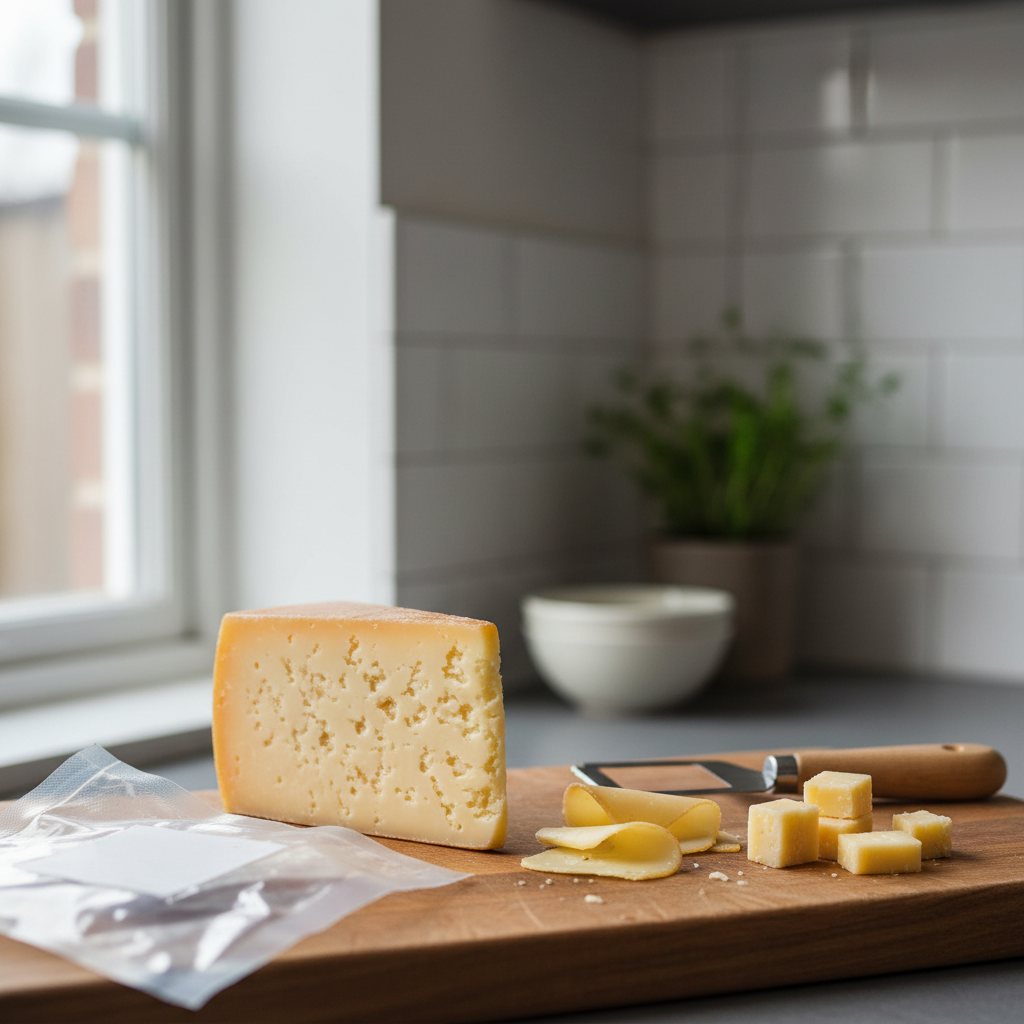 Een stuk belegen kaas met geschaafde plakken, kaasblokjes en een kaasschaaf op een houten snijplank.